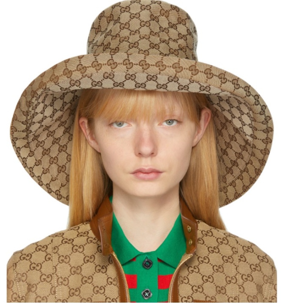 Beige Wide Brim Large Jacquard Canvas Monogram Bucket Hat Sun Coverage Beach New - Picture 6 of 16